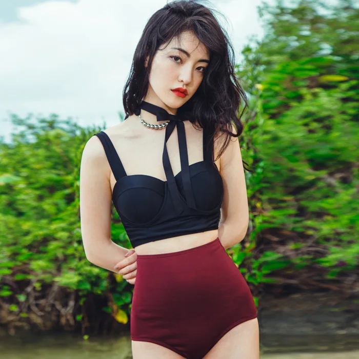 

New Style South Korea Swimwear High-waisted Belly Covering Slimming Triangle Underwire Push up Retro Sexy Korean-style Split Typ