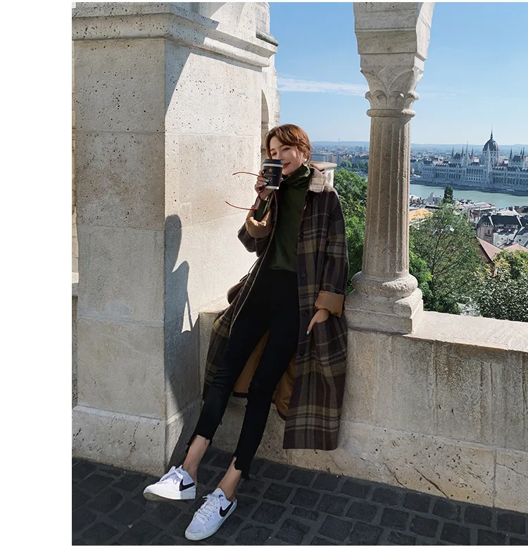 Шерстяное клетчатое пальто для фотосессии, женское, средней длины, зима, стиль, корейский стиль, модное, элегантное, свободное, Дафлкот, модное пальто