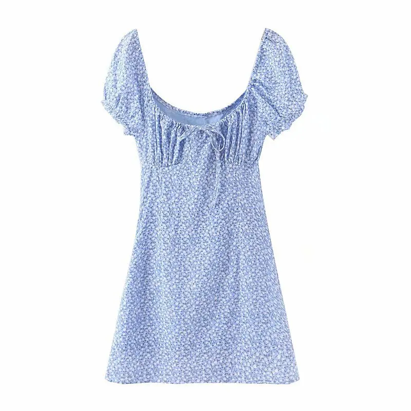 Holiday Center Bow Summer Vintage Blue Floral Print Beach Slim women mini dress vestidos dropshipping clothes vintage brandy na