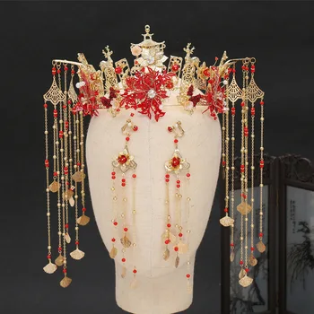 

New Bridal Wedding Retro Luxury Tassel Step Shake Coronet Chinese Clothing Dragon And Phoenix Accessories