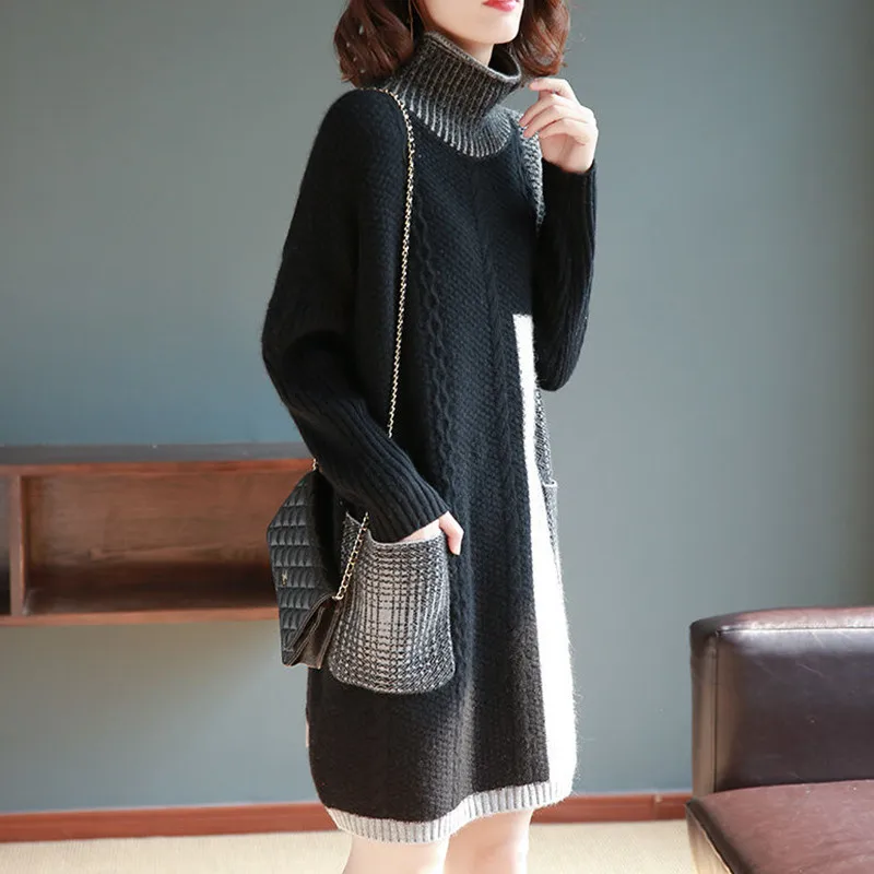 

Quality Fashion Knitted Dress NewFemale Autumn Winter Turtleneck Plus Velvet Thick Sweater Dress Stylish Pockets Lady Knit Dress