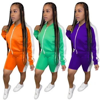 

2020 Summer Women Tracksuit European and American Hot Style Model Solid-color Zip with Pockets & Biker Shorts Two Piece Set