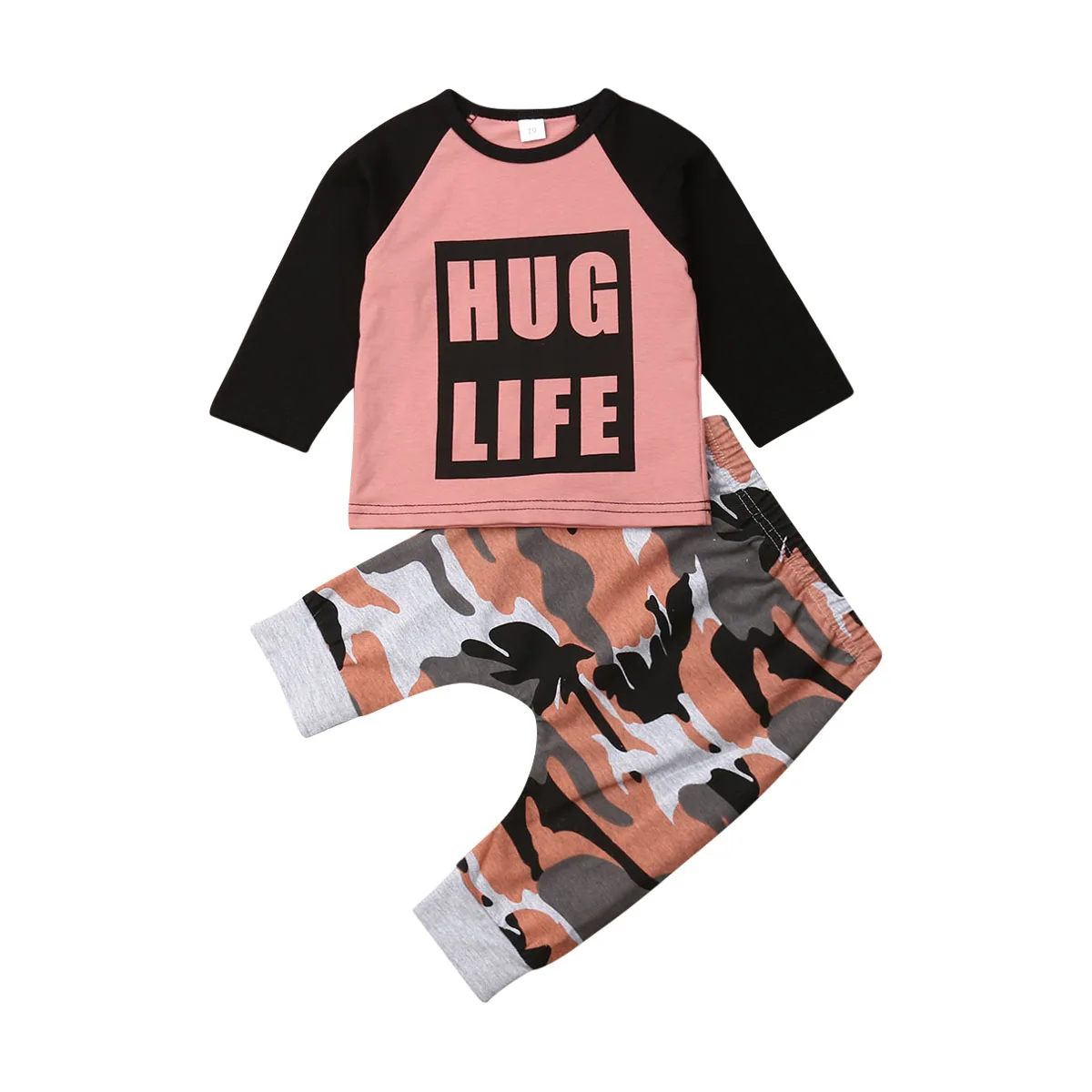 

2020 New Fall Autumn 0-24M Infant Baby Boy 2Pcs Set HUG LIFE Long Sleeve Letter Print Top+Camo Pants Toddler Outfits Clothes