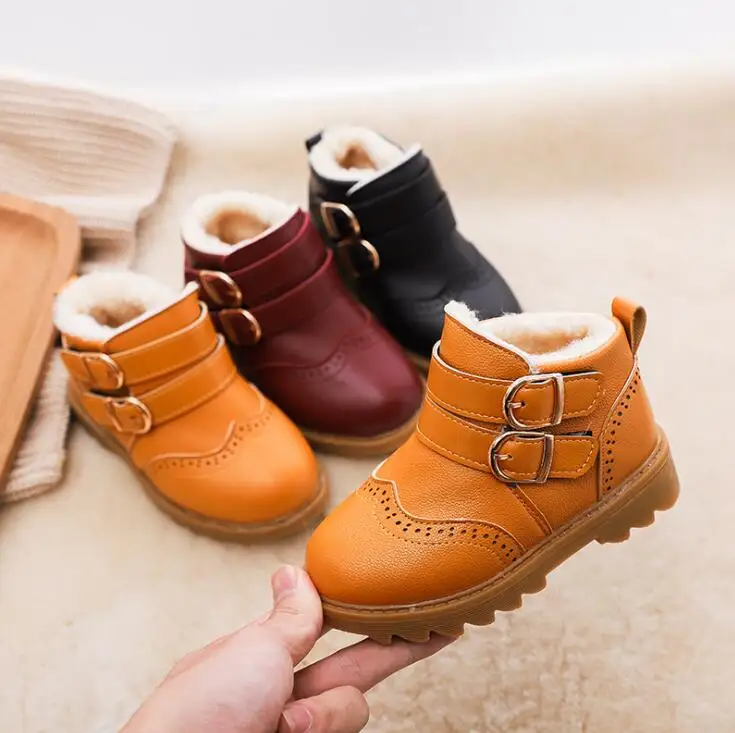 

Boys Winter Boots Kids Ankle Fur Snow Boots Children Martin Leather Warm Plush Waterproof Lace Up bota Shoes Black Size 21-30