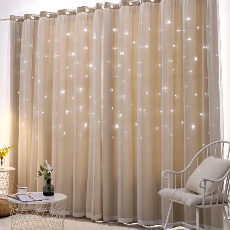 Double Layer Blackout Hollow Starry Star Curtains in the living room Lace Shade Curtain Tulle Cloth for Home Living Room Decor