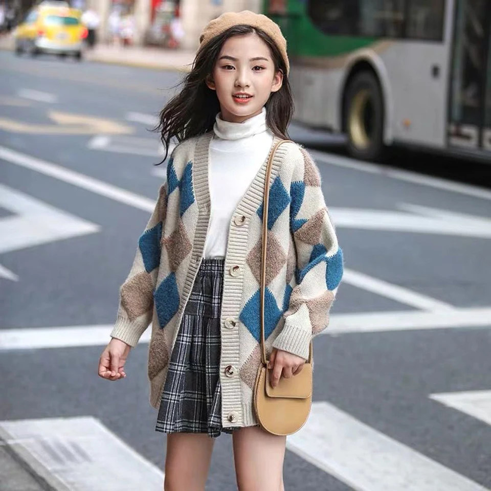 Spring Baby Girls Sweaters Kids Clothes Cotton Children Rhombus Knitted Sweater Coat Cute Girls Cardigan Jacket
