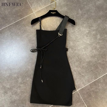 

2020 New Summer Fashion Casual Sleeveless Lace Up Patchwork Loose Slim High Waist Knitted Short Black Dress Women T361