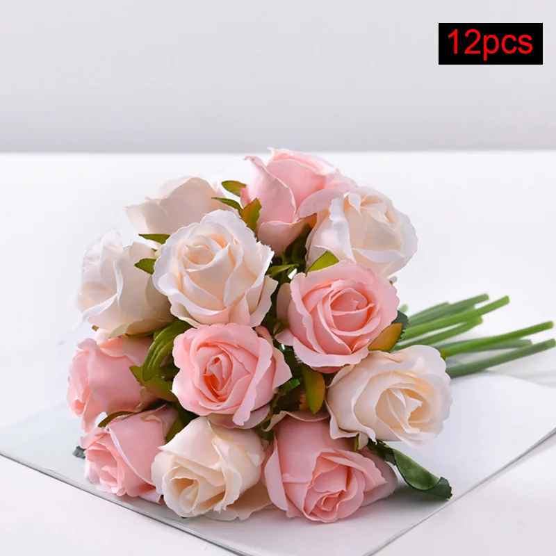 12pcs-pink champagne Искусственный Букет роз для дома Свадебные Декоративные Шелковые цветы букеты невесты Рождественские цветы поддельные цветы осенние украшения - Цвет: 12pcs-pink champagne