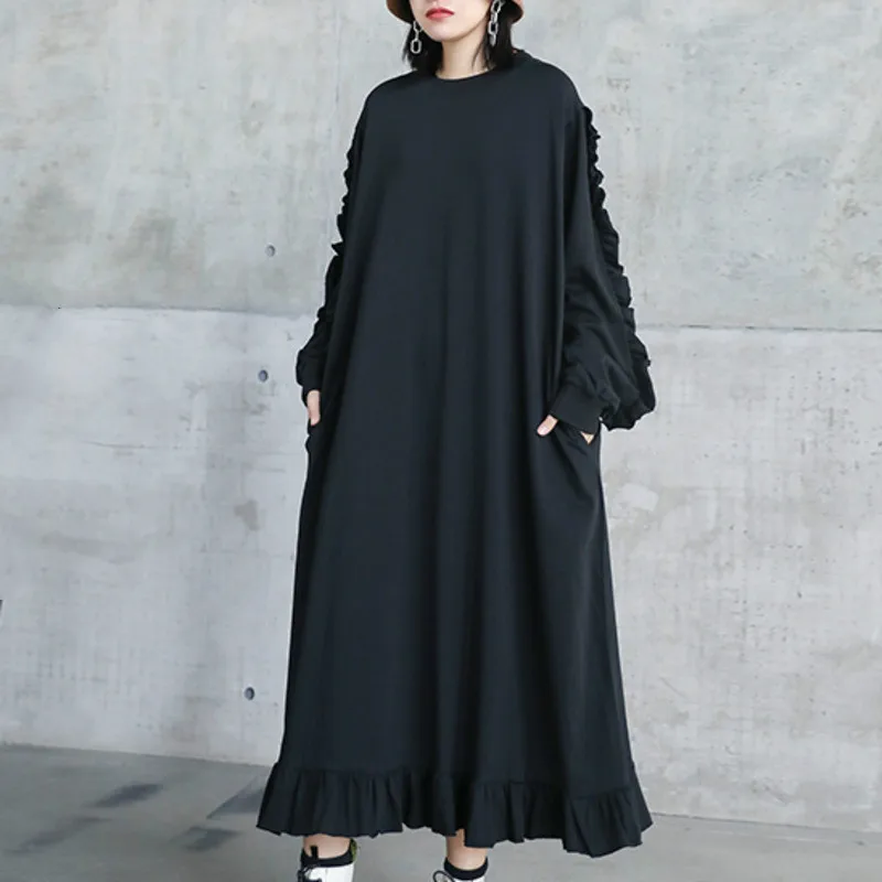

XUXI Autumn 2020 Women Long-sleeved Dress Elegant Fashion O Collar Ankle-Length Bodycon Straight Streetwear Solid Color FZ2659