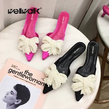 

Wellwalk Women Heel Mules Slippers Ladies Med Heels Pearl Bow Slides Pointed Toe Female Dress Kitten Summer Shoes Flip Flops
