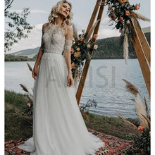 

Jasmine Wedding Dress No Bra O Neck A-Line Tulle Robe de mariee Lace Detachable Short Sleeve Boho Beach Bride Gown