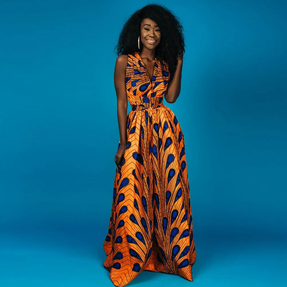 Fadzeco Новые африканские платья для женщин одежда узоры Анкара Дашики наряды Африканский Принт Комбинезон Подол Макси платье передний разрез