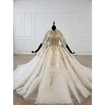 

BGW 31229ht Gold Wedding Dress Applique Sequin High Neck Wedding Dress Ball Gown With Vile Lace Up Vestido De Noiva Princesa