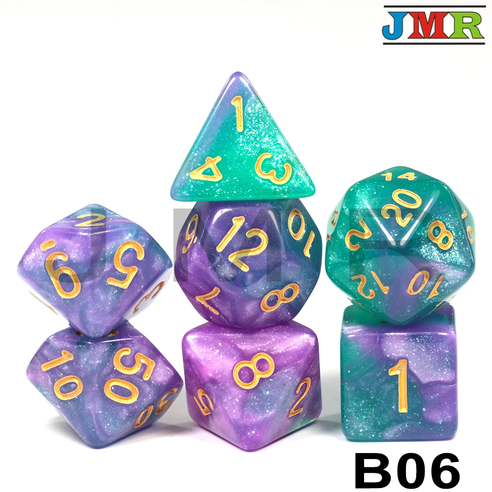 B06 Новое поступление, 6 цветов, креативная Вселенная, Галактика, игральные кости, набор из D4-D20, с таинственным королевским блестящим порошком, потрясающий эффект для DND RPG - Цвет: B06