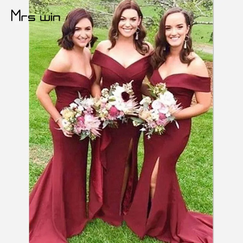 Mrs win/платья подружки невесты бордового цвета с вырезом лодочкой и открытыми плечами; Свадебные платья для гостей; длинное платье русалки для девочек; Vestido Madrinha; HR285 - Цвет: as picture