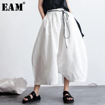 

[EAM] 2020 New Spring High Waist bandage White Loose Big Size Long Cross-pants Women Trousers Fashion All-match JG028