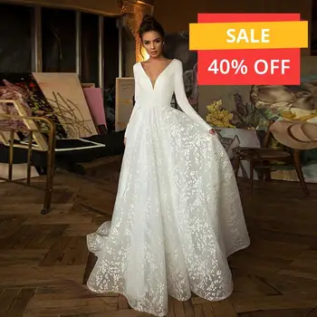 

Simple White Lace Wedding Dresses 2020 Long Sleeve V-neck Boho Bridal Gowns Satin Backless Sweep Train Robe De Mariée Plus size