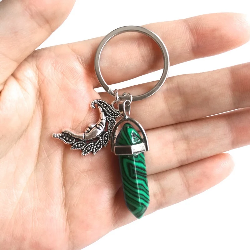 Natural Stone Hexagonal Column Keychain For Women Pink Quartz Crystal Stone Key Chains With Sun Moon Charms Trinket Couple Gift - Цвет: Peacock Green Moon