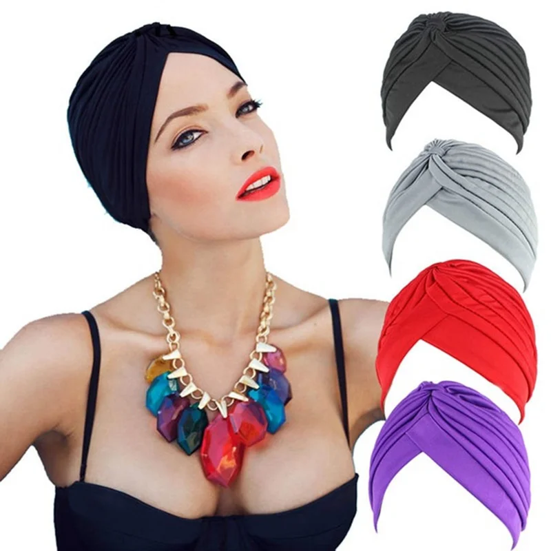 

Women Solid Polyester Muslim Turban Cap Elastic Stretchy Beanies Hat Turban Hat Women Soft Indian Cancer Chemo Headwrap Cap