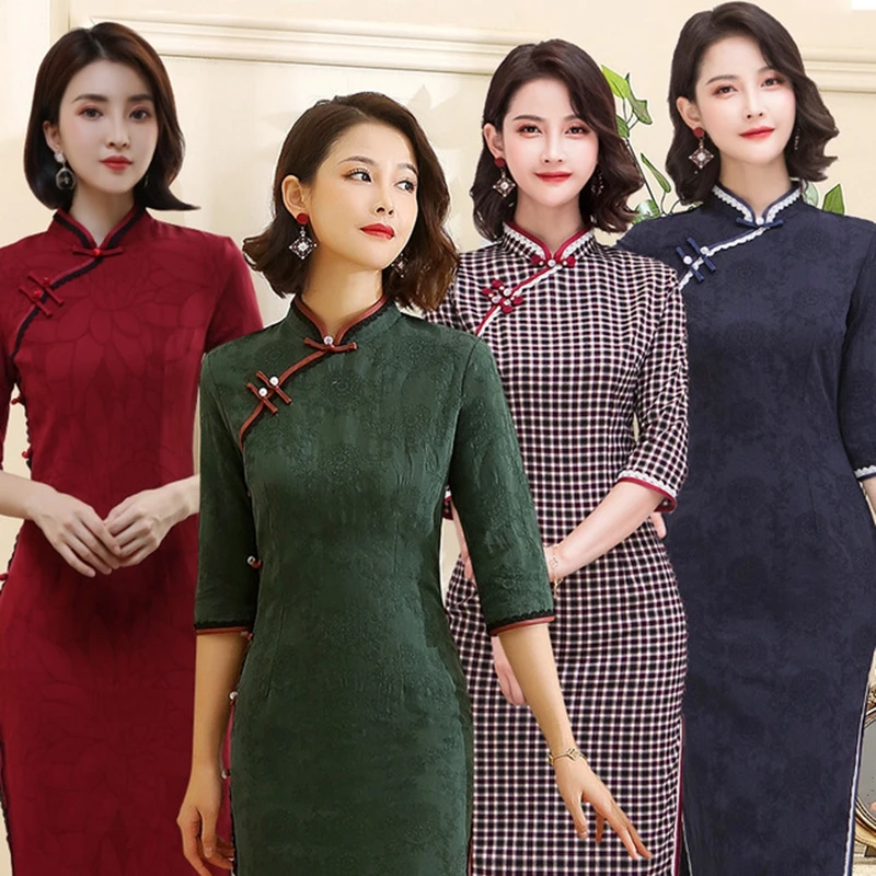 Осень сплит хлопок и лен cheongsam Китайский Старый Шанхай Улучшенный ретро тонкий похудение темперамент Чонсам ежедневно платье