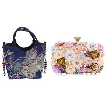 

JHD-1pcs Colorful Flower Evening Bag Sequins Satin Evening Clutch & 1pcs Sequins Peacock Embroidered Canvas Totes Bag