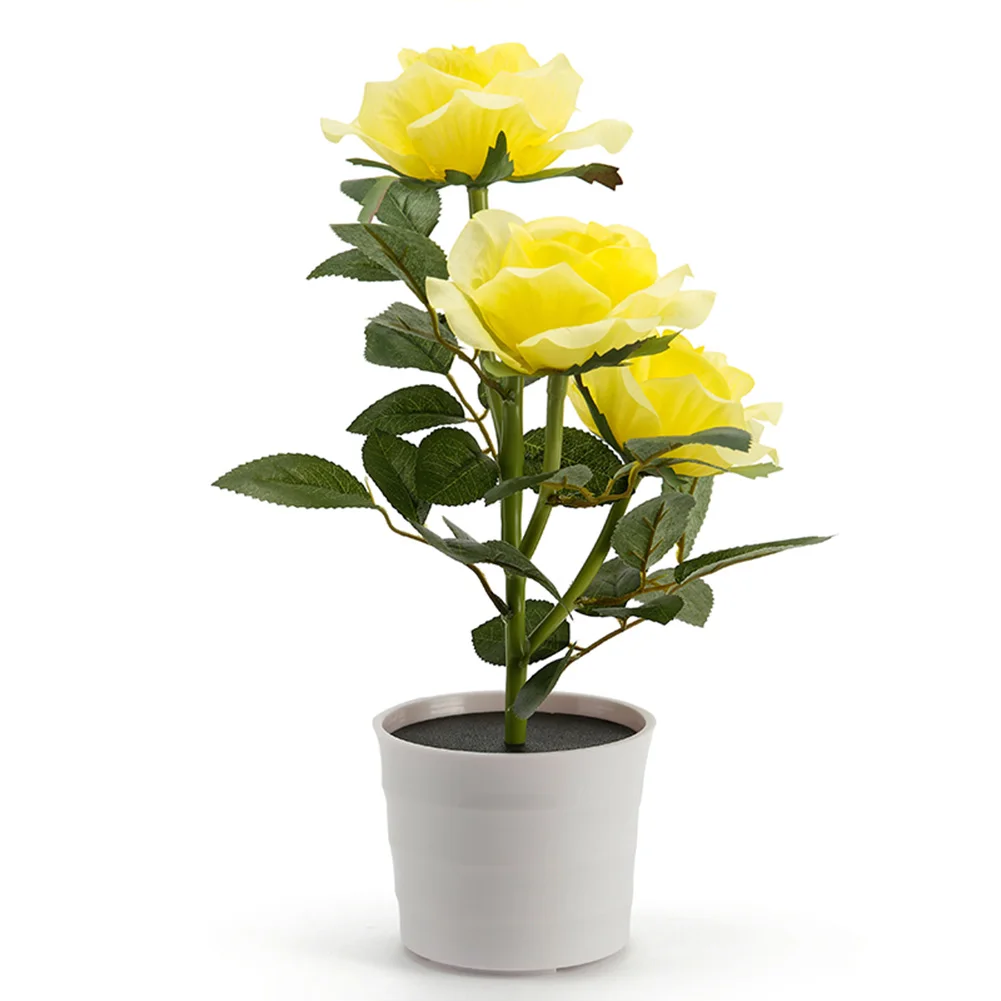 Bedroom Decorative Bedside Solar Powered Rose Lawn Garden Flower Pot Balcony Artificial Plant Table Lamp Led Home
