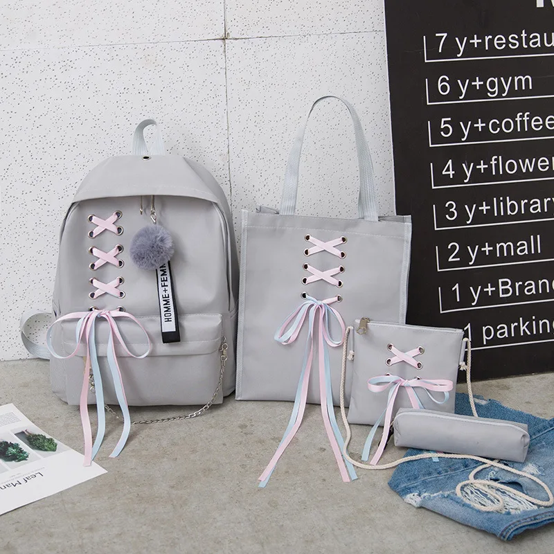 

4pcs/set Multi-functional Bow Student Backpack Canvas School Bags for Teenage Girls Shoulder Bags Women Casual Mochila Feminina