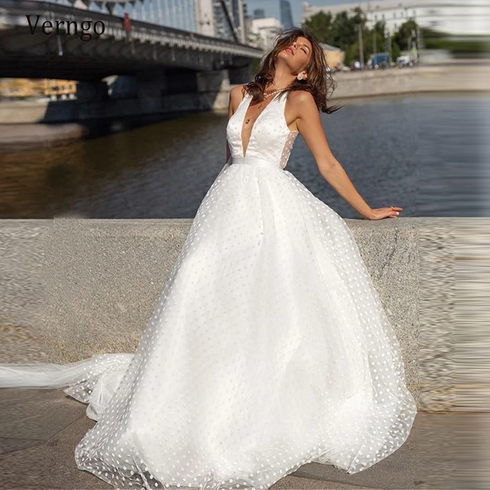 

Verngo New A Line Dot Tulle Beach Wedding Dress For Bride Open Back With Lace Bow 2021 Bridal Gowns Plus Size Robe de mariee