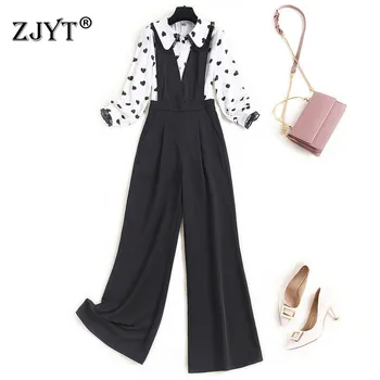 

High Quality Designers Women Autumn Suit Elegant Office Lady Outfits Long Sleeve Dot Print Blouse And Pants 2 Piece Sets