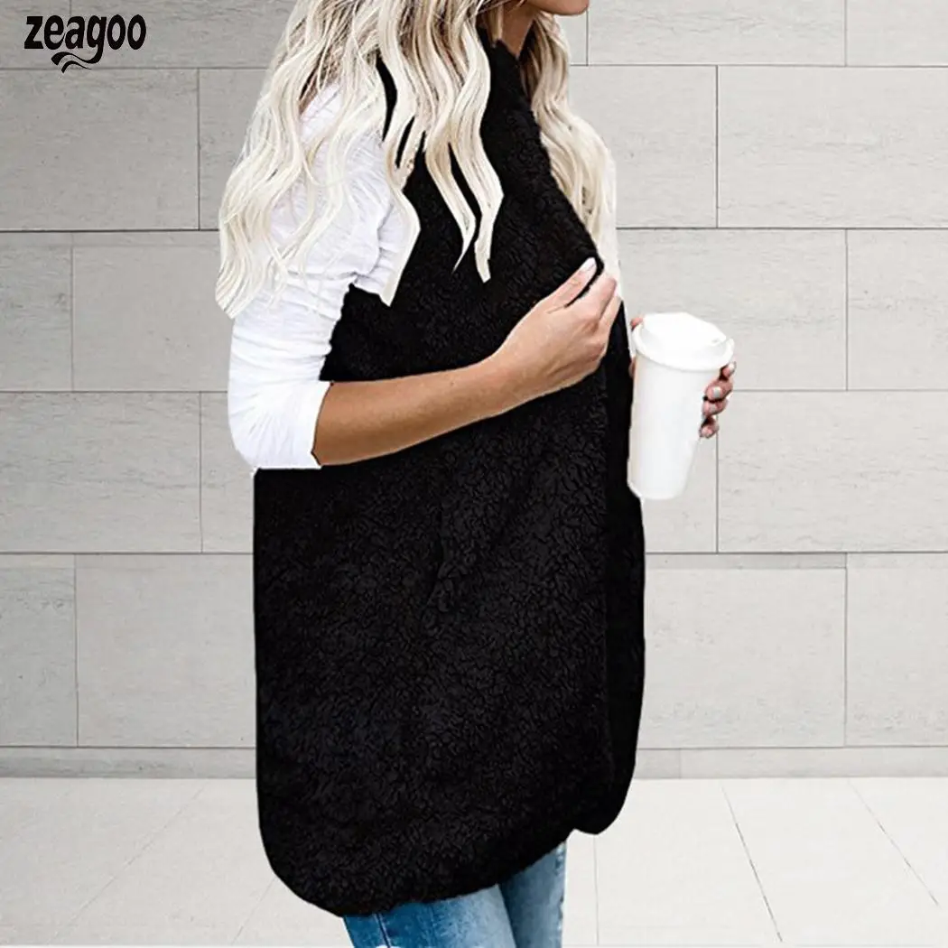 

Women Casual Hooded Neck Sleeveless Solid Loose Pocket Long Cardigan Vest Open Stitch Spring, Autumn