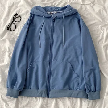 

Harajuku Fashion Hooded Sweatshirt Women Casual Long Sleeve Zipper Fly Coat With Pocket Female Gray Yellow Cotton Tops