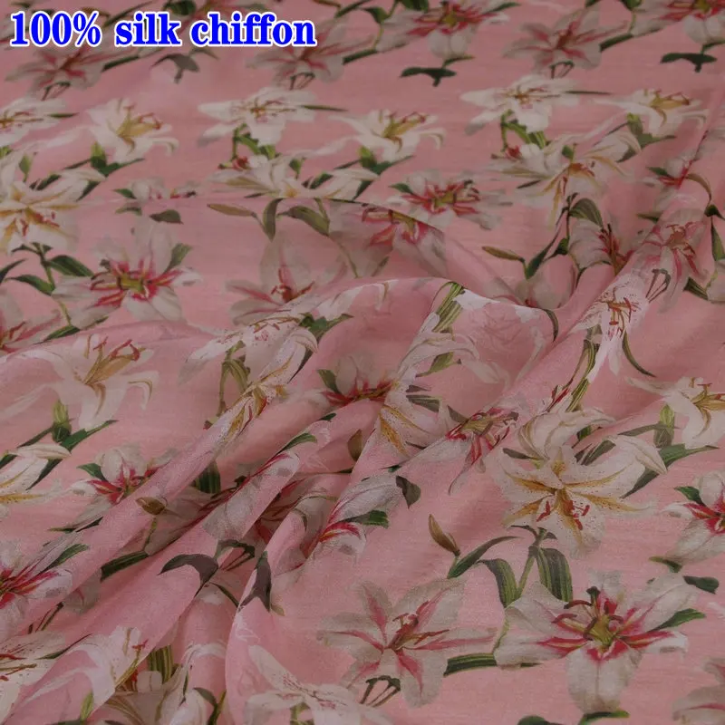 100% шелк тутового шелкопряда шифоновая Розовая Лилия с цветочным принтом Тонкая