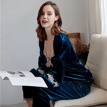 

Winter Warm Women Pajamas Gold Velvet 3 pieces pajamas Sexy Lace Sling Long Sleeve Sleepwear Female Home Service Nightwear