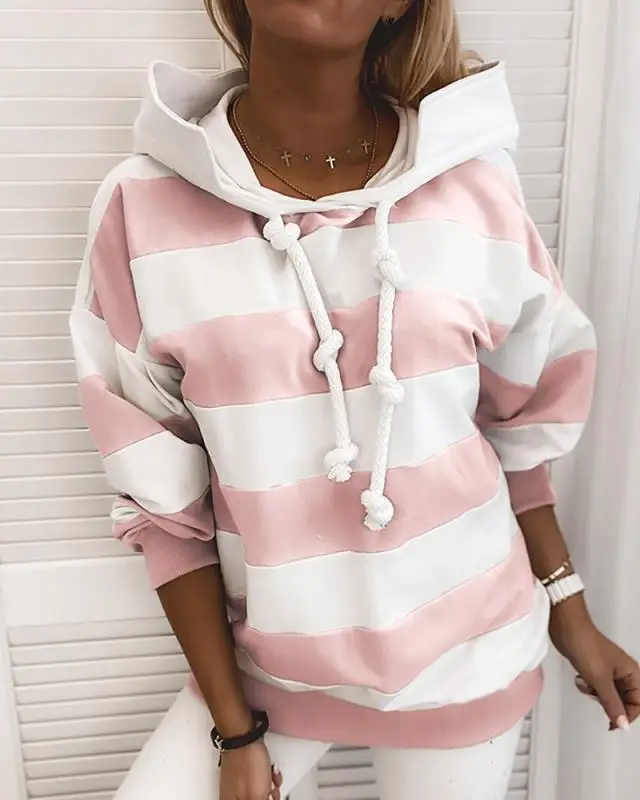 

2020 New Ladies Striped Sweatshirt Hoodie Long Sleeve Pullover with Drawstring Autumn Thin Hooded Sweater