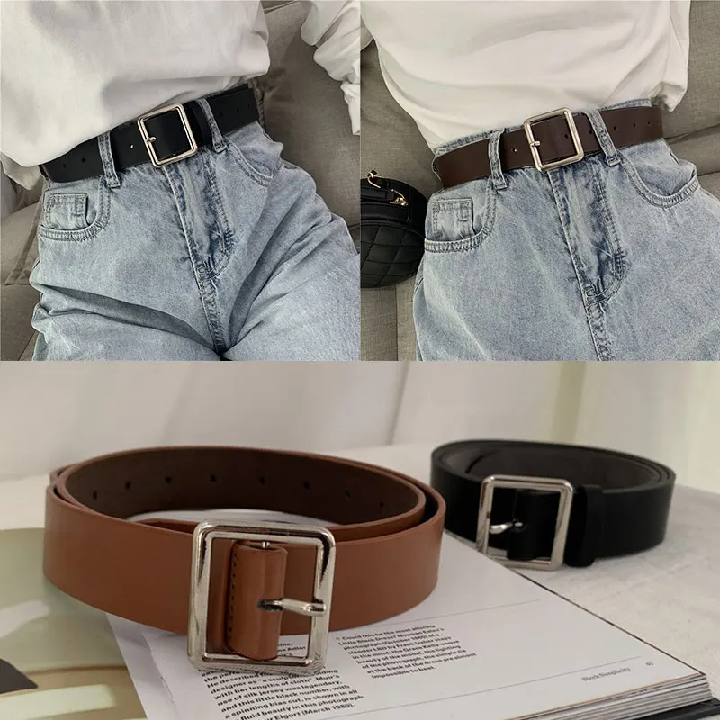 2021 PU Leather Belt For Women Square Buckle Pin Buckle Jeans Black Belt Chic Luxury Brand Fancy Vintage Strap Female Belts