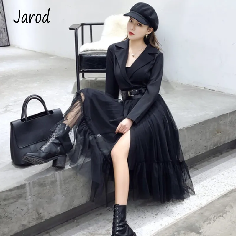 

2019 Spring Autumn Sexy Mesh Patchwork Women Notched Neck Elegant Dresses Long Swing Vestido Belt high quality robe femme