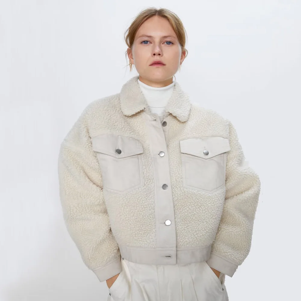  2019 ZA Winter Fashion Solid Wool Jacket Women Lamb Wool Long Sleeve Thick Warm Clothing Peter Pan 