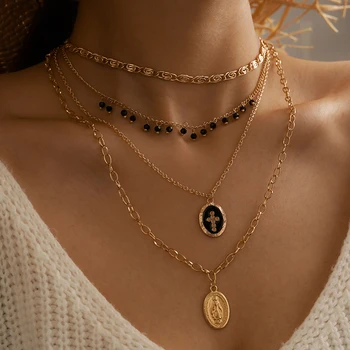 

Tocona Bohemian Virgin Mary Pendant Necklace for Women Charms Black Bead Multilayer Gold Color Chain Party Jewelry 15200