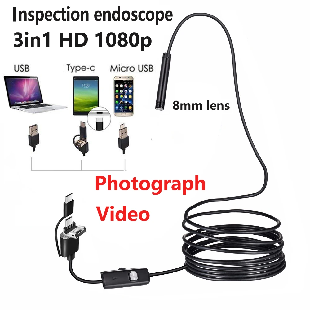 Mobile phone endoscope HD camera 1080P auto repair inspection lens with 8 LED10M flexible cable waterproof inspection endoscope