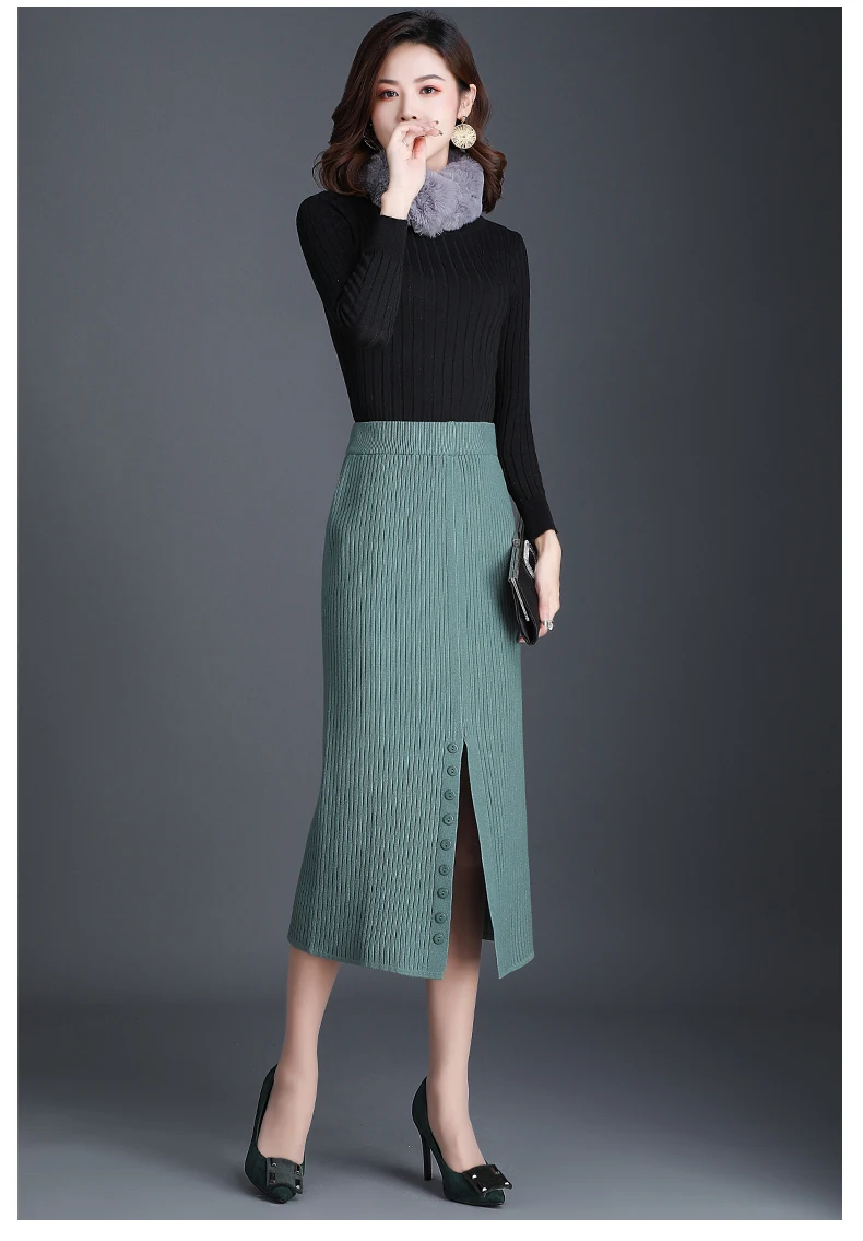 Новая Корейская вязаная женская юбка осень зима черная зеленая абрикосовая узкая юбка-карандаш на пуговицах с высоким разрезом Женская юбка с запахом