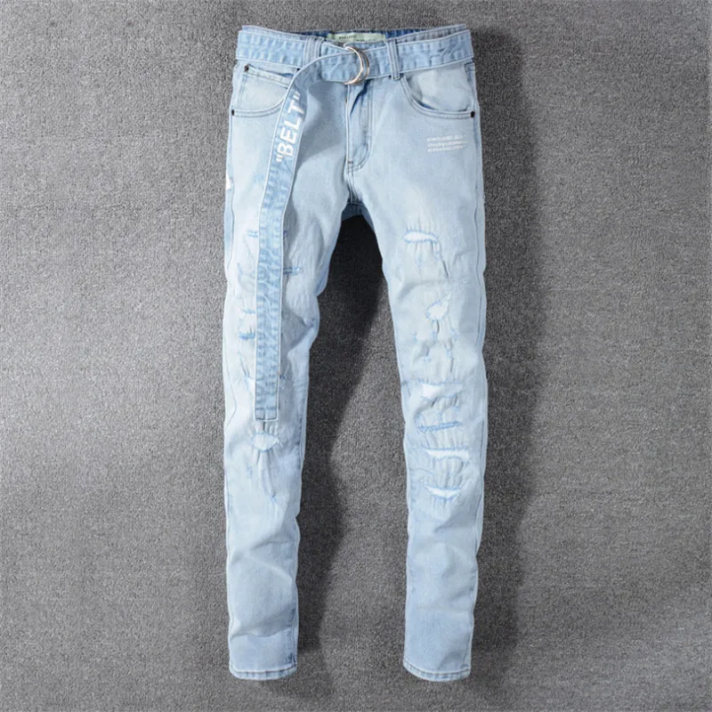 

2019 New arrived Men's Ankle Length Pants With Long Belt Distressed Washed Blue Denim Skinny Jeans Slim Trousers Size 28-40
