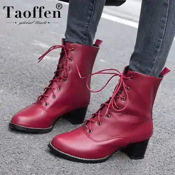

Taoffen Plus Size 31-52 Sexy Office Ladies Winter Ankle Boots Chunky Heels Lace Up Solid Color Party Shoes Woman Footwear