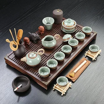 

Chinese Purple Sand Ceramic Gongfu Teaset Household Solid Wood Small Tea Tray Drawer Type Water Storage and Drainage Dual-use