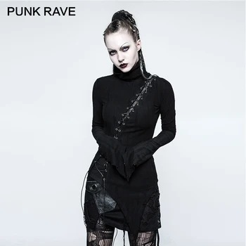 

PUNK RAVE Gothic Asymmetric Cotton Stand Collar Vintage Micro-Breaks Stitching Seam Women T-shirt Black Bandage Slim Tops Rock