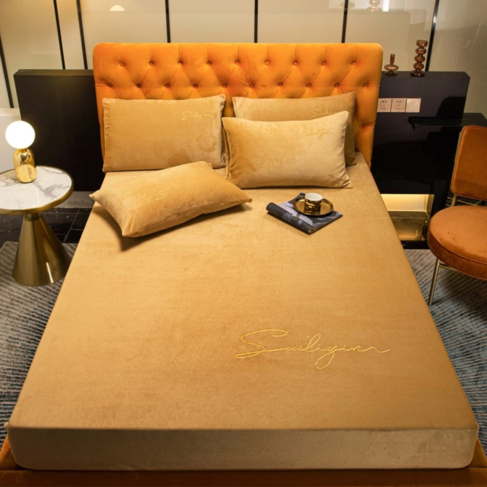 

1pcs Elastic Fitted Sheet Crystal Velvet Bed Linen Mattress Cover Solid Color Winter Warm Soft Full Double With Elastic Band