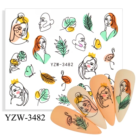 Face Design Nail Stickers Black Blossoms Floral Leaf Abstract Image Slider New Arrivals Nail Art Decals Decoration 1PCS