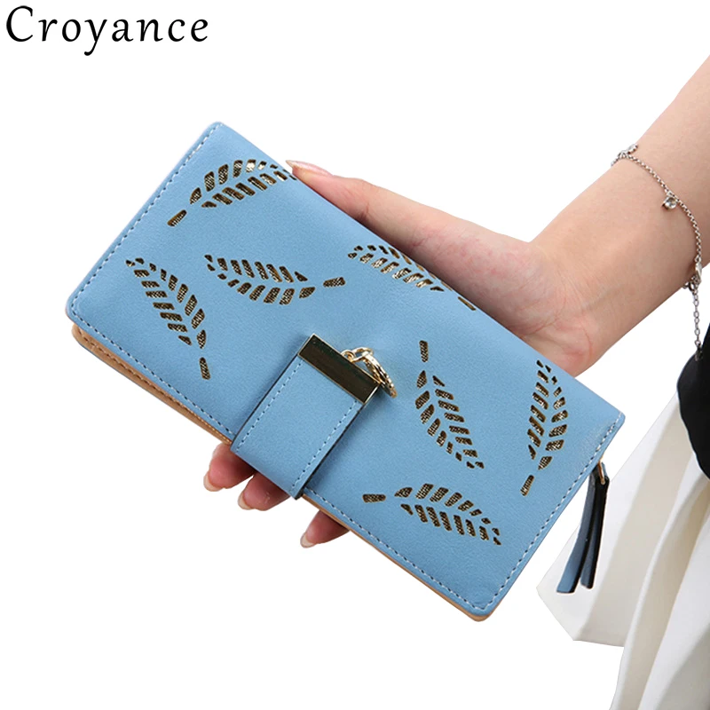 

Croyance Women Wallet PU Leather Purse Female Long Wallet Gold Hollow Out Leaves Pouch Handbag Coin Purse Card Holders Clutch