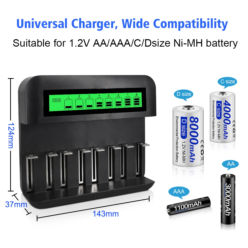 1.2V, Ni-MH, AA, AAA, C, Tamanho D,