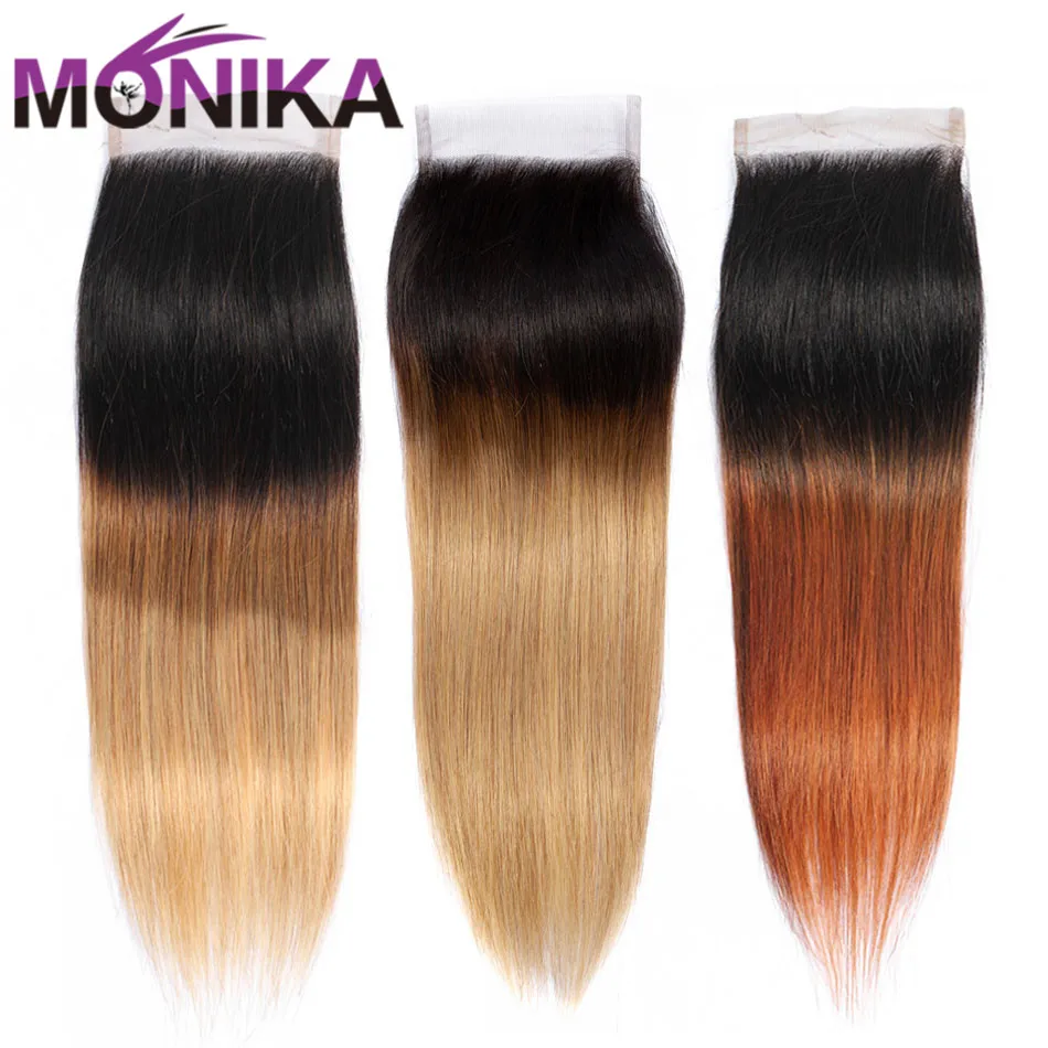 Monika закрытие волос Ombre Цветные T1B #4 #27 #30 Кружева Закрытие 4X4 бразильские прямые