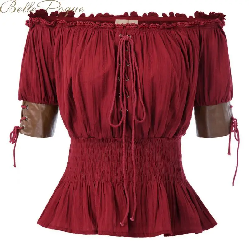 Belle Poque, женские топы, винтажная рубашка, с открытыми плечами, половина рукава, готические топы, Ретро стиль, для девушек, стимпанк, повседневная одноцветная футболка